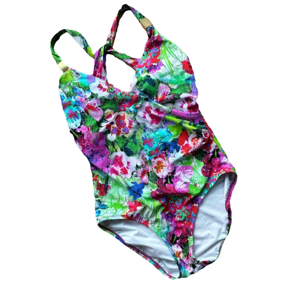 LANDS END one piece Women Colorful Floral Swimming Bathing Swim Suit sz 4 Padded